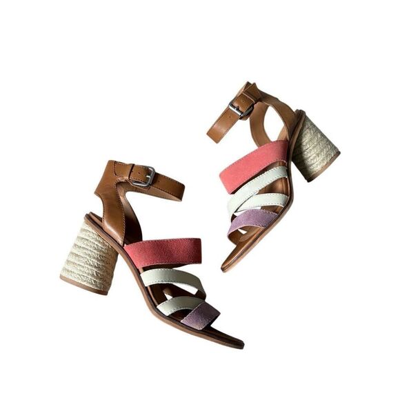 FRYE Adjustable Ankle Strap Heeled Sandals Leiah Brown Peach 9 Open Toe Leather - Picture 2 of 13